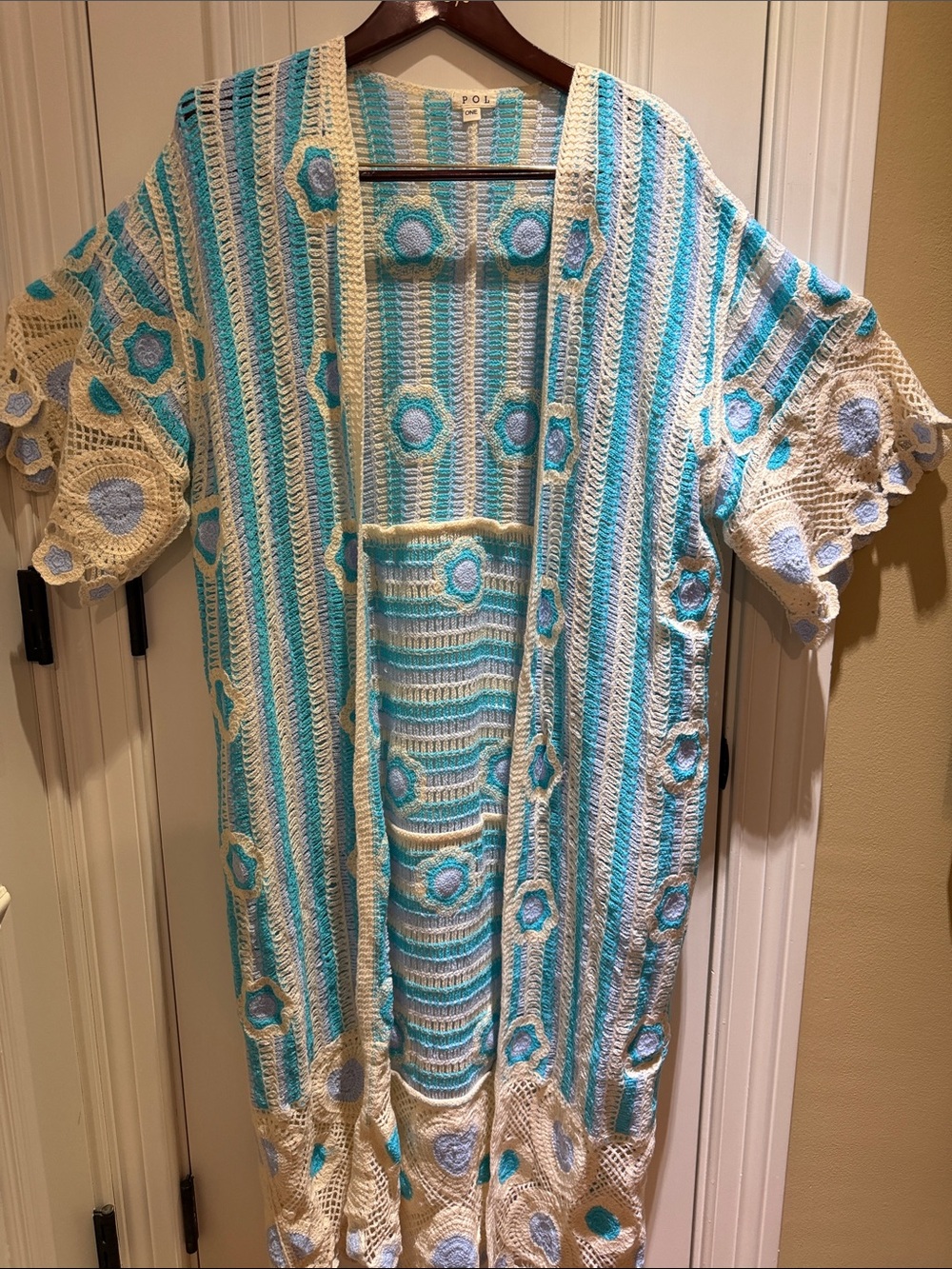 POL Patchwork Crochet Floral Open Knit Kimono/Duster-NWOT-Sky-Multi-One Sz